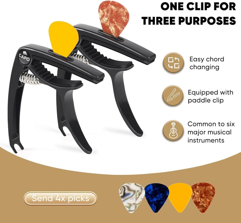Aarvi 6-String Guitar Capo for Acoustic & Electric Guitars - Universal Clamp with 4 Premium Picks - Compatible with Ukulele, Banjo, Mandolin (2P Black) - Image 3